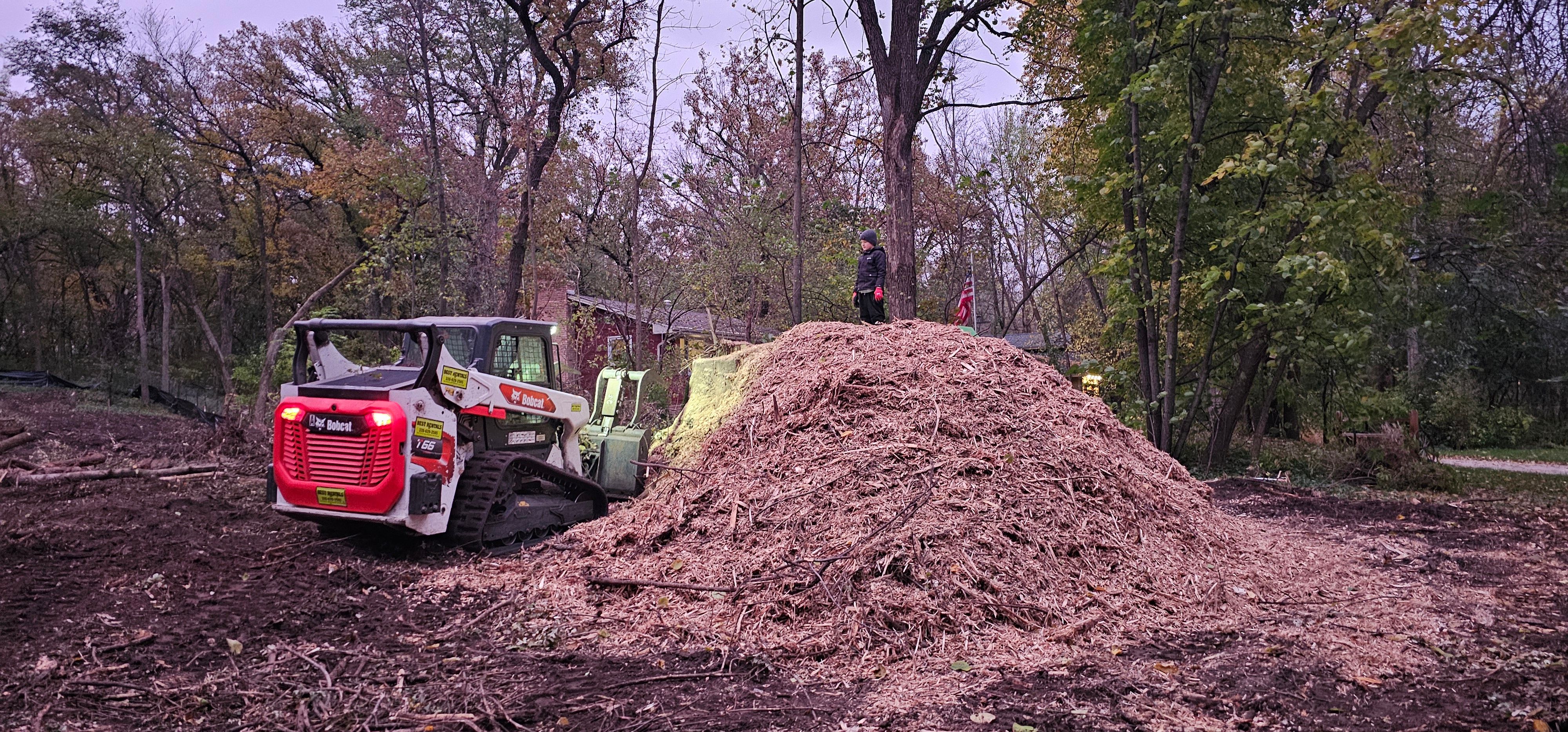 Bobcat with mulch pile